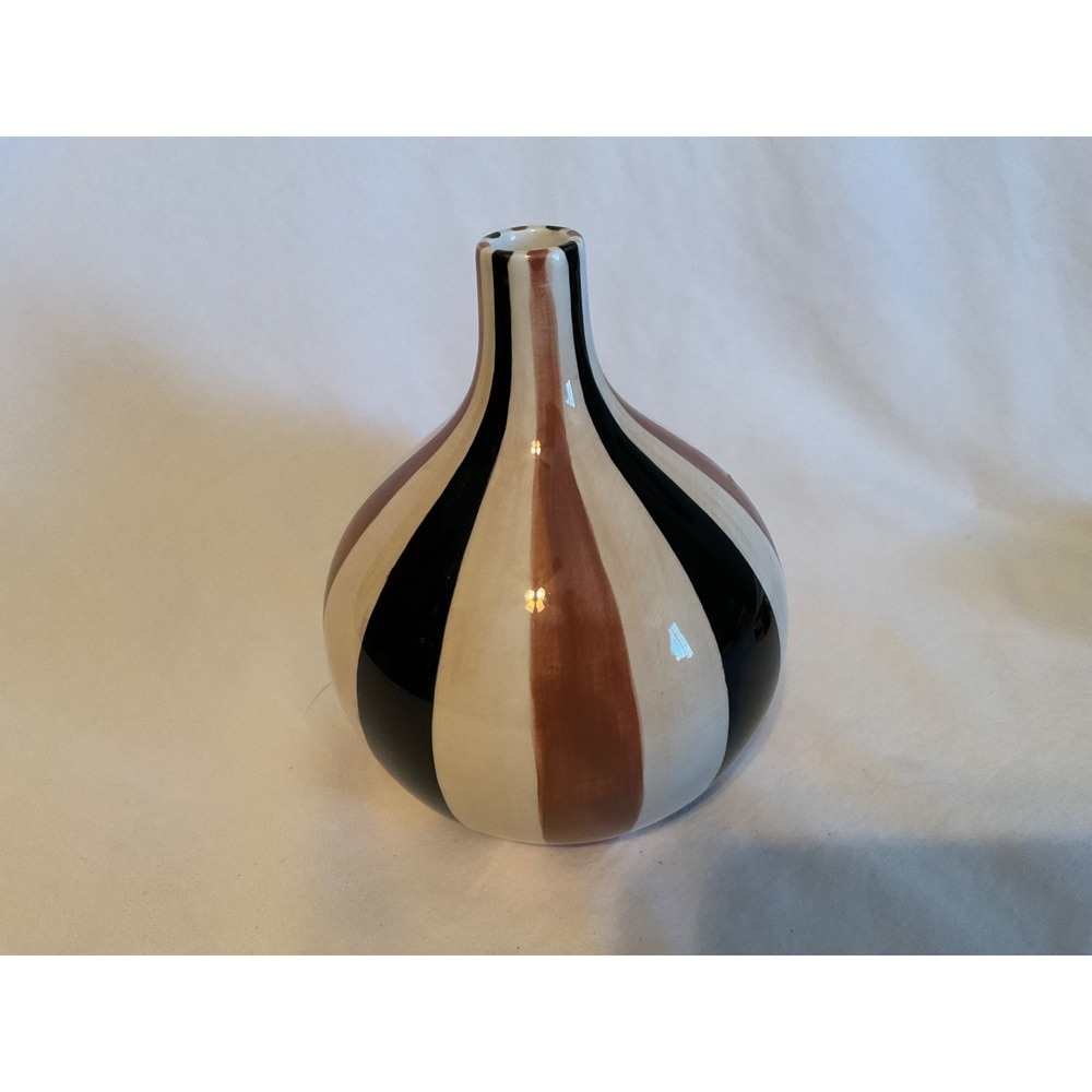 Jonathan Adler Happy Home Stripes Bulbous Vase White Black & Brown 2003 Art Vase